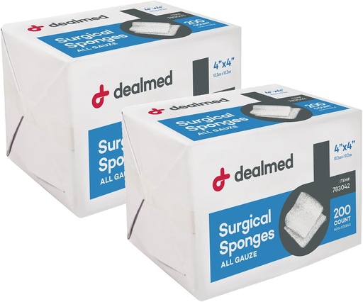 [BRSW2AQTAEAQM2Q7] Dealmed 4" x 4" Surgical Sponges, 8-Ply, Non-Woven Absorbent Gauze Sponges for Wound Care, First Aid Kits and Medical Facilities, 200 Count (Pack of 2)