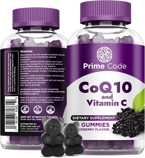 [BRSROBI7C4OQYYLO] Prime Code CoQ10 200mg & Вітамін C 250mg Gummies – Антиоксидантна та імунітет – Серце та енергетична добавка для дорослих – Vegan, Non-GMO, Gluten-Free – Elderberry Flavor – 60 Gummies