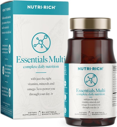 [BRSWGYYHDEPWM23K] Nutrish-Rich Essentials Multi-124; Multivitamin med Fish Oil Omega-3 til mænd og kvinder, understøtter energi, immunforsvar, vitamin A, C, D3, E, K2, og zink, non-GMO, gluten fri (60 Greve)