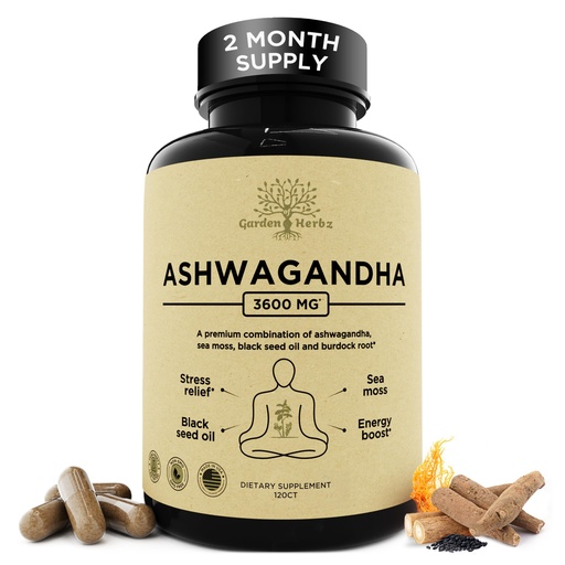 [BRSRAZYDC4JRY3T6] Organic Ashwagandha Root & Irish Sea Moss Capsules 3,600 mg with Black Seed Oil & Burdock Root – Stress, Mood, Energy & Sleep Support Supplement for Women and Men – Vegan, Non-GMO, 120 Capsules