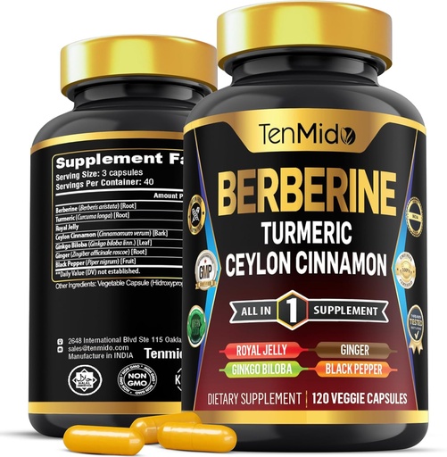 [BRSRAGD3B4FGAE3G] Berberine Supplement - 7in1 valem - Kombineerige kurkum, Royal Jelly, Ceylon Cinnamon, Ginkgo Biloba, Ingver & Black Pepper - Seedetrakti Tervis, Immune Support - 120 kapslit