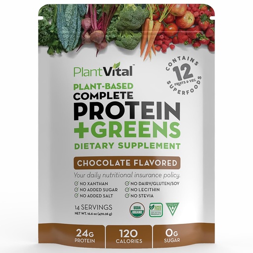 [BRSWGCQ7PMCQAADK] PlantVital Vegan Protein Powder Plant Based, Organic Protein Powder Chocolate, 24g/0g sugar, 12 Superfoods, Veggies, Probiotics, Raw Cocoa, Kale, Beets, Spirulina, Pea, Gluten-Free, Keto-Friendly,16oz