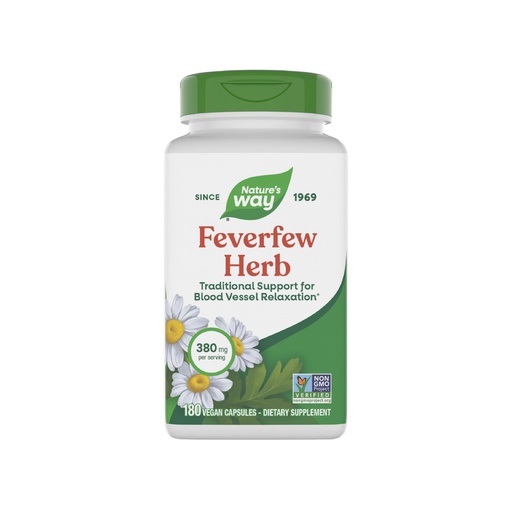 [BRSWIYT3OMAQM2DE] Nature's Way Feverfew Herb, Traditional Support for Blood Vessel Relaxation*, 380 mg per Serving, Non-GMO Project Verified, 180 Vegan Feverfew Capsules (Packaging May Vary)