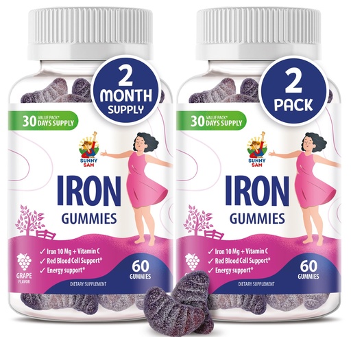[BRSROAYQC57AI33U] SUNNY SAM Iron Gummies for Kids & Adults - Iron Vitamins with Vitamin C, 10mg per Serving - Chewable Fruit Gummy for Immune Support Red Blood Cell Production