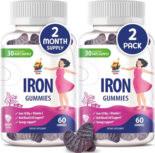 [BRSROAYQC57AI33U] SUNNY SAM Iron Gummies for Kids & Adults - Iron Vitamins with Vitamin C, 10mg per Serving - Chewable Fruit Gummy for Immune Support Red Blood Cell Production