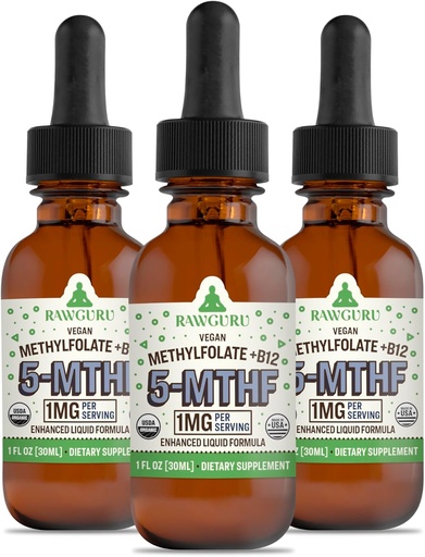 [BRSROGAROQDRYYD6] RawGuru Methylfolate 1mg+ Vitamin B12 - Organic Vegan Methylated B12 with Trace Minerals - Nano-Processed & Enhanced Liquid Formula - 300 Servings of Vegan Drops per 30 ml, Pack of 3