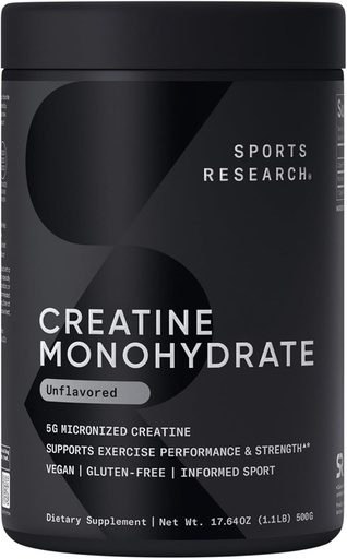 [BRSROEIDDEPR4ADK] Sports Research Creatine Monohydrate - Gain Lean Muscle, Improve Performance and Strength and Support Workout Recovery* - 5 g Micronized Creatine - 17.46 oz