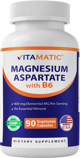 [BRSROAQ6DMARM2A2] Vitamatic Magnesium Aspartate 400mg per Serving - 90 Vegetarian Capsules - Added B6 for Maximum Absorption - Supports Muscle, Joint, and Heart Health*