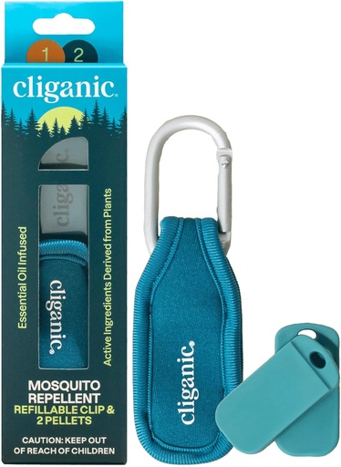[BRSROCTQAQARUCD2] Cliganic Mosquito Repelent Pack (1 Clip + 2 Refill Pellets) - Natural DEET-Free, Essential Oil Infused