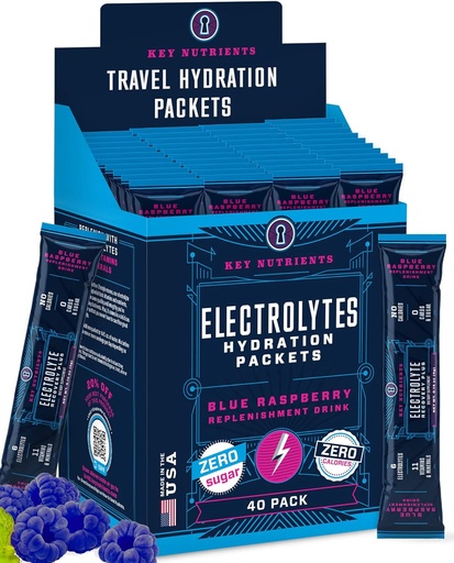 [BRSW2GITAR7GYEIZ] KEY NUTRIENTS Electrolytes Powder Packets - Delicious Blue Raspberry 40 Pack Hydration Packets - Travel Hydration Powder - No Sugar, No Calories, Gluten Free - Made in USA