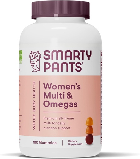 [BRSWKEDYBEMQYG3I] SmartyPants Women's Multivitamin Gummys: Omega 3 Fish Oil (EPA/DHA), Methylfolate, CoQ10, 维生素D3, C, 维生素B12, B6, A, K & Zinc, Inositol, Gluten Free, 180 Count (30天供应)