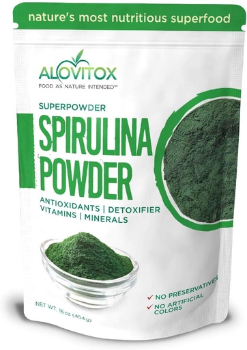 [BRSWGFQZOYOQEALO] Alovitox Organic Spirulina Powder ® Nærende Sense Supermat med antioksidanter, proteiner, vitamin A og B, Fiber, Omega 3, 6 og 9-100% organiske, Ingen additiver/farger, Glutenfri, Vegansk, Ikke-GMO (1 lb)