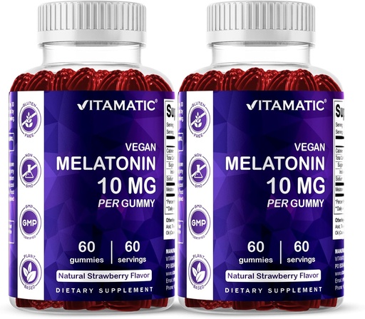 [BRSW2GI5OUIQGCTX] Vitamatic Melatonin 10 mg Vegetarian Gummies – Non-Habit Forming – 60 Gummies per Bottle – 2-Pack (Total 120 Vegan Gummies)