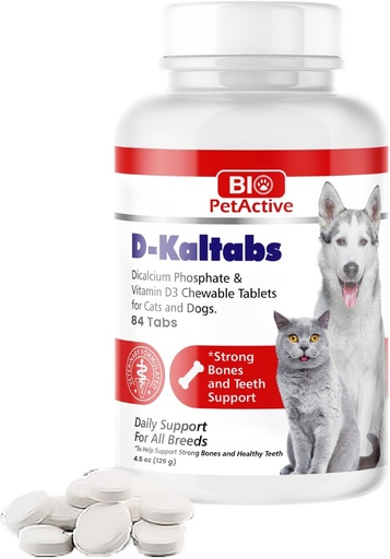[BRSWECARCRYAYE3P] D-Kaltabs Phosphore, supplément de vitamine D3 au calcium pour chiens et chats, vitamines prénatales pour animaux de compagnie, tabs quotidiens pour animaux de compagnie, ongles forts, soutien des dents, 84 comprimés à croquer