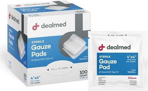 [BRSWKEYCAADAO3L4] Dealmed 4’’ x 4’’ Sterile Gauze Pads (100 Count) Disposable and Individually Wrapped Medical Gauze Pads, Wound Care Product for First Aid Kit and Medical Facilities (Pack of 1)