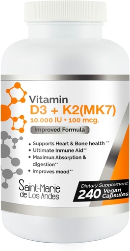 [BRSROAQ6C5YBUCQ4] Vitamin D3 10,000 IU K2/MK7 100 mcg. High Potency Supplement 8 Months Supply. Non-GMO for Bone, Heart & Immune Support.