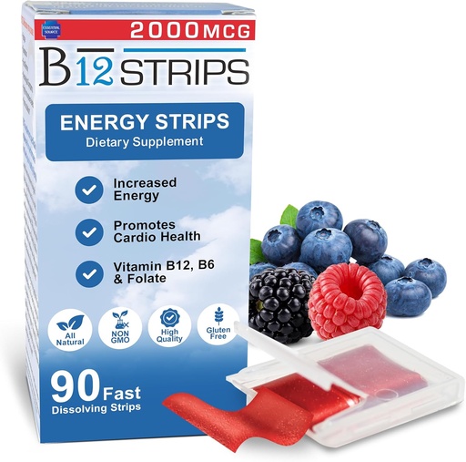 [BRSWYFT3CB5RECD6] Essential Source 2,000 mcg Methylcobalamin Vitamin B12 Sublingual Energy Strips | Biotin, B6, 5-MTHF L-Methylfolate | Sublingual B12 Vitamins, Folate | Energy, Brain Health, Nerve Function - 90 Strips