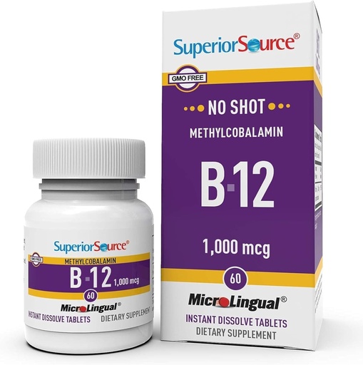 [BRSWIYI7CF7Q22AV] Superior Source No Shot Methylcobalamin B-12 1.000 mcg - Βιταμίνη B-12 για την υποστήριξη της παραγωγής ενέργειας, της υγείας του εγκεφάλου και της γενικής ευεξίας - Υπογλώσσια δισκία για ταχεία απορρόφηση - 60 δισκία διάλυσης
