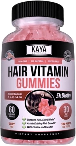 [BRSWYYADOQFREDTU] Kaya Naturals Hair Growth Gummies - Biotin 5000mcg Vitamins for Healthy Hair, Skin, and Nails - Beauty Supplement for Women or Men - 60 Count - Blueberry Flavor