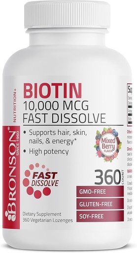 [BRSROZQ6AQHRQH3Z] Bronson Biotin 10,000 MCG Lozenges Fast Dissolve High Potency Supports Hair, Skin & Nails Mixed Berry Flavor - Non-GMO, 360 Vegetarian Lozenges