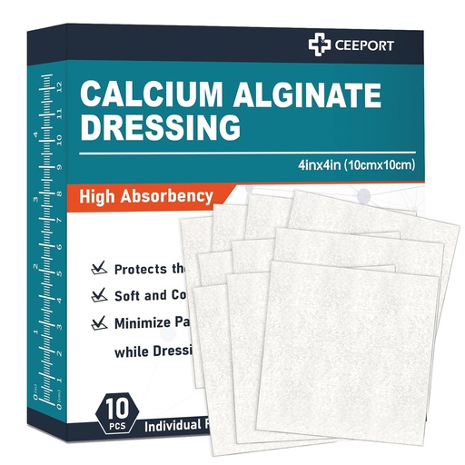 [BRSRMZIBA4JQ2E3U] Calcium Alginate Wound Dressing Pads, 4'' x 4'' Patches [10 Individual Pack], High Absorbency Dressing, Soft Wound Care Products, Comfortable & Gentle and Non Stick Gauze Pads for Wound Care