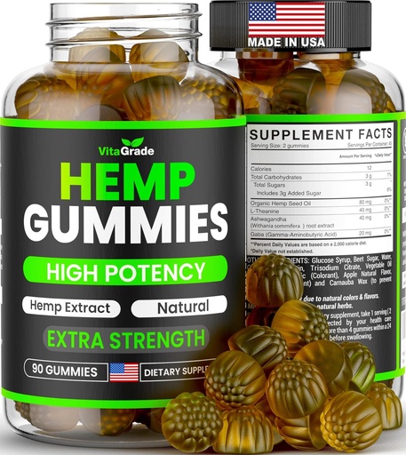 [BRSRAAQ3OUCBUF3L] Hemp Gummies - Extra Strength for Peace & Relaxation - Infused with Pure Hemp Oil, Ashwagandha, L-Theanine - Tasty Relaxation Supplement - Natural Relief - 90 Ct - Made in USA - Green Apple Flavor