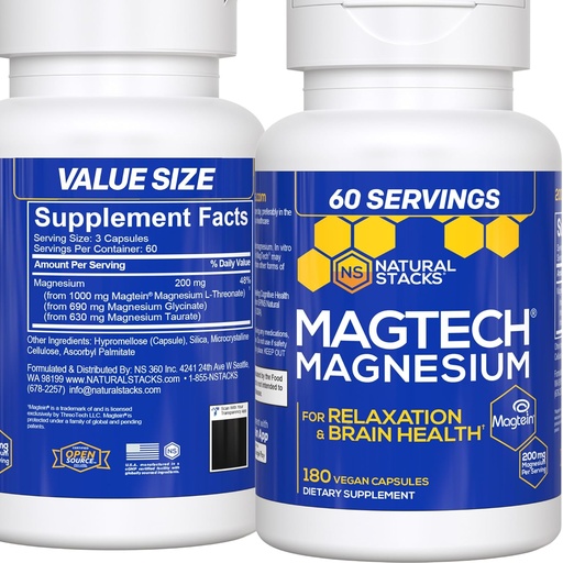 [BRSRMYYHOAAWAA3J] MagTech Magnésio Suplemento - 3 Formas de Magnésio: Magtein L-Treonato, Glicenato e Taurate - 200mg Complexo de Magnésio Quelado - Suporta Relaxamento e Saúde do Cérebro - 180 Cápsulas