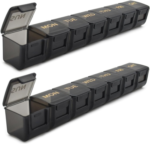 [BRSROADYAV6RQ2TP] 2 Pack Weekly Pill Organizer, Büyük 7 Gün Pill Case, Daily Vitamin Case Medicine Box, AM/PM Pill Containers for Medicine Supplements Fish Oil (Black & Black)