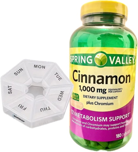 [BRSRAZDYDMGQYDY6] Weekly Pill Organizer, Includes a Spring Valley Cinnamon 1,000 mg, Dietary Supplement, 180 Capsules.