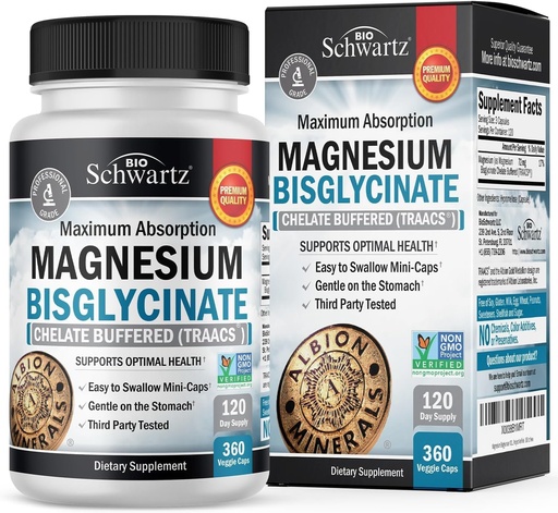 [BRSW2CYECEDRQHTB] Magnesium Bisglycinate Chelated Supplement - Al Absorption Magnesium Supplement for Muscle, Bone & Joint Support, Non-Laxative, Erabat Buffered, Ez-GMO, Gehienezko Bioavailability - 360 kapsulak