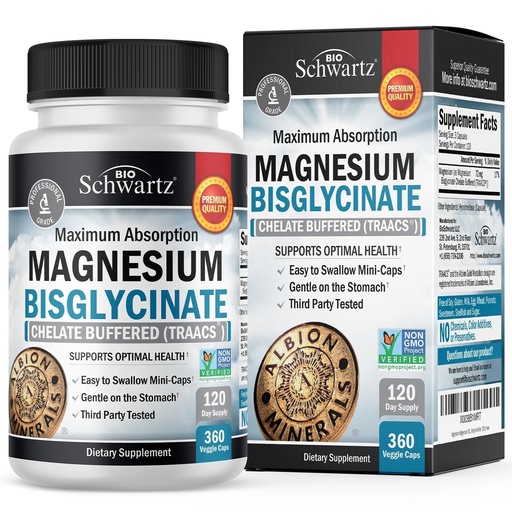 [BRSW2CYECEDRQHTB] Magnesium Bisglycinate Chelated Supplement - High Absorption Magnesium Glycinate Supplement for Women and Men - Sleep, Muscle, Bone & Joint Support - Non-GMO, Non-Laxative Chelate - 360 Capsules