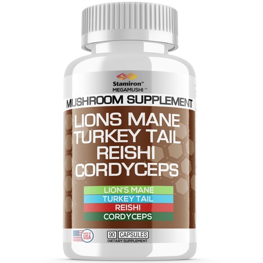 [BRSRMBI2BUIRUE3A] Stamiron Lions Mane Supplement Turkey Tail Mushroom Capsules with Cordyceps Extract & Reishi Mushrooms - Alt to Mushroom Gummies, Mushroom Powder, Mushroom Coffee - 90 Count
