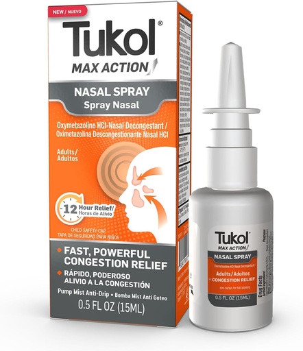 [BRSRMYD7CEFAMCYV] TUKOL Max Azione spray nasale, Oxymetazoline Decongestant Spray nasale per adulti, Rilievo di congestione del naso e del naso, Decongestionante dello spruzzo del naso di 12 ore, 0,5 fl oz