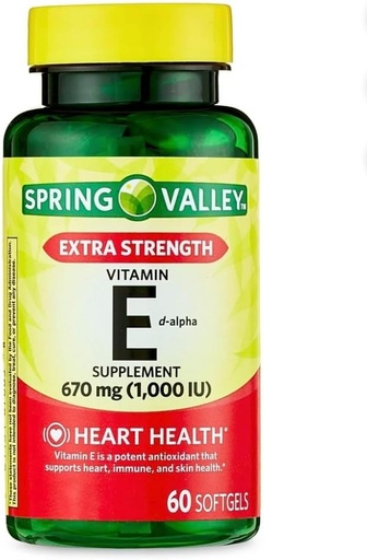 [BRSRMHQDBEPAOHL6] Spring Valley Extra Strength Vitamin E D-Alpha Softgels, 670 mg (1,000 IU), 60 Count