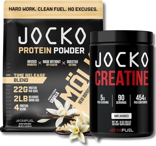 [BRSRAZA2C4FWCEI7] Jocko Drivstoff Bundle - Vanilla Mölk Protein pulver + Kreatin Monohydrat pulver for menn og kvinner - Bundle for ateltisk ytelse, utvinning, og muskelvekst