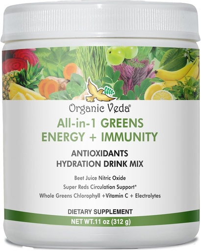 [BRSRAY35BF6QGFA3] Ecologic Veda Super Greens Antioxidant Hydration Drink Mix Powder cu Electroliti pentru energie, Imunitate - Daily Organic Superfoods Clorofill, Beet, Moringa, Chlorella, Spirulina, Turmeric - 11 oz