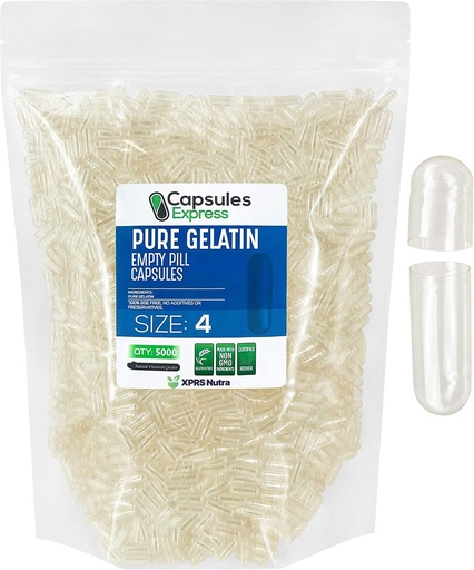 [BRSWYZI2CICGO23K] XPRS Nutra Taille 4 Capsules vides - 5000 Compter Effacer Capsules de gélatine vides - Garniture de la capsule bricolage - Remplir Pure Pilule de Bonde Pure Pilules pour Do-It-Youlf Suppléments