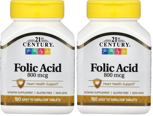 [BRSROZQFO4OWOYDL] 21st Century 800 mcg Folic Acid Tablets, Assorted, 180 Count (Pack of 2)