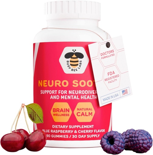 [BRSRAFT4AR6AGFDB] Neuro Soothe, Support for Neurodiversity and Mental Health, Helps with Brain Wellness and Natural Calm, Blue Rasberry and Cherry Flavor 90 Gummies, 30 Day Supply
