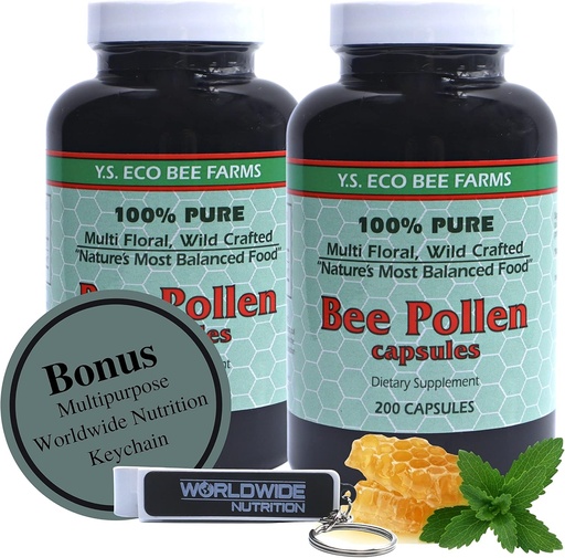 [BRSRMCAPB4CQ2DY4] Y.S. Eco Bee Farms 100% Pure, Wild Crafted Bee Pollen Kapsulas - Organiskās bites Pollen Vitamīnu piedevas Aminoskābes, Organiskās olbaltumvielas, C vitamīns, B12 vitamīns Bez glutēna 2pk 200ct w Bonus Atslēgas Ķēde