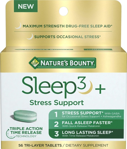 [BRSWYZYDA4FRQHTZ] Nature's Bounty Stress Support Plus Melatonin, Sleep3 Maximum Strength 100% Drug Free Sleep Aid, Dietary Supplement with Ashwagandha, Time Release Technology, 10mg, 56 Tri-Layered Tablets
