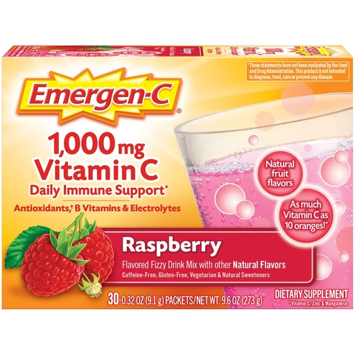 [BRSWIYTQCEHWYETK] Emergen-C 1000mg Vitamin C Immune Support Powder Raspberry 30CT includes Zinc, Manganese, 7 B Vitamins and Electrolytes for Back to School Essentials
