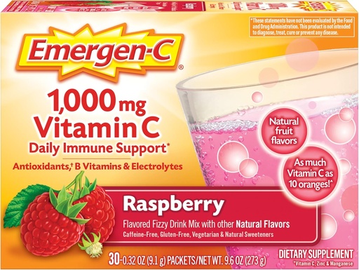 [BRSWIYTQCEHWYETK] Emergen-C 1000mg Vitamina C Immune Support Powder Raspberry 30CT incluye Zinc, Manganese, 7 B Vitaminas y Electrolitos para Volver a Esenciales Escolares