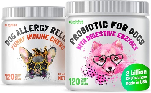 [BRSWYBL5A4FGY2T4] LEGITPET Allergy Relief Chews for Dogs & Immune Support with Kelp, Colostrum & Bee Pollen 120 Soft Chews and Probiotics for Dogs with Natural Digestive Enzymes 120 Soft Chews Bundle - Made in USA