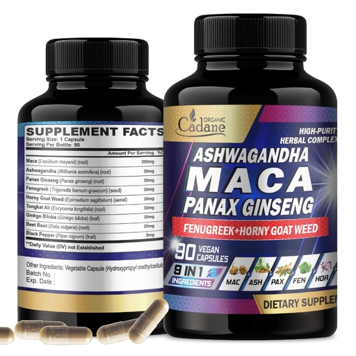 [BRSROEL4CINBYGT4] Organic Cadane Maca Root, Ashwagandha, Panax Ginseng Supplement - 90 Capsules 3 Months with Fenugreek, Tongkat Ali & More - Support Energy Production & Immunity