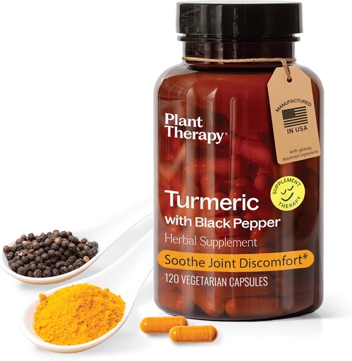 [BRSRAZY3DEMWKDTH] Plant Therapy Turmeric Black Pepper Supplement Capsules Manufactured in USA 4 Month Supply Supports Joint and Muscle Health Supplements for Women & Men 120 Vegetarian Capsule