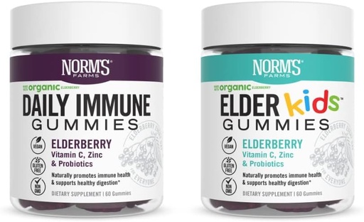 [BRSWYFIFAQMAY2DH] Norm's Farms Daily Immune and ElderKids Elderberry Gummies - Vitamin C, Zinc & Probiotics - Vegan, Gluten Free, Kosher, Non-GMO - 120 Gummies