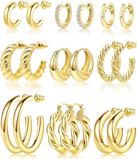 [BRSW2HY2AAHBGYI3] Adoyi 9 Pairs Gold Hoop Earrings Set for Womens Twisted Huggie Hoops Earrings 14K 18K Gold Plated for Girls Valentines Mother's Day Birthday Gifts Lightweight