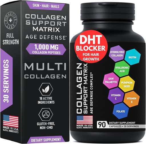[BRSRMBT4CQFBQG37] Age Defense Beauty Collagen Matrix - 2,000mg Multi Collagen Biotin Keratin Hyaluronic Acid Saw Palmetto Vitamin C supplement Complex - DHT Blocker for Men &quot; Women for Hair Growth - 90 Gluten-Free Caps