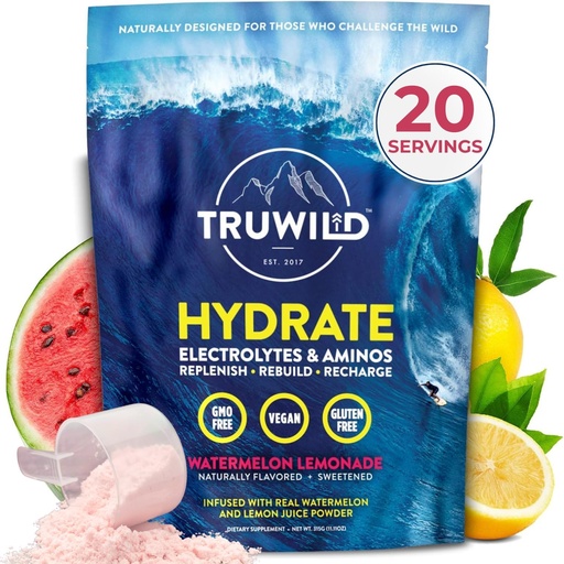 [BRSWGBL2DICRQH3A] TruWild hidratazio naturalaren hautsa Zero Sugar, Vegan Electrolytes + Aminoazidoak, Eguneroko erabilerarako berreskurapen-edariak, Post Workout Muscle Support gehigarria Magnesium-ekin (Watermelon Lemonade)